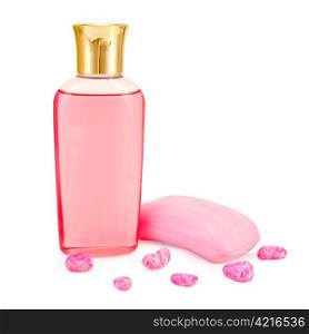 Bottle of pink shower gel, pink soap, bath salt is isolated on a white background