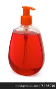 Bottle of red liquid soap isolated on white