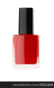 Bottle of red nail polish isolated on a white background.