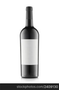 Bottle of red wine with black top and white blank label on white