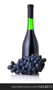 Bottle of red wine with bunch of grapes isolated on white background