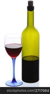 Bottle of red wine with glass isolated on white background