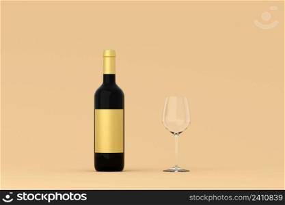 Bottle of red wine with label and a glass goblet in photo-realistic style on a clear orange background. 3d realism render