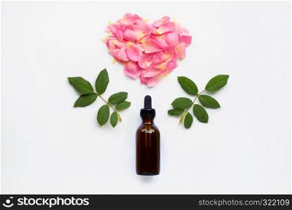 Bottle of rose essential oil for aromatherapy on white background.