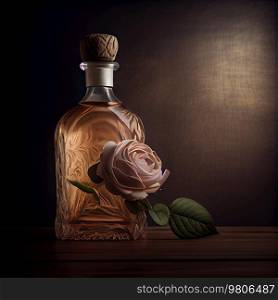 bottle of rose on dark background. Illustration AI Generative 