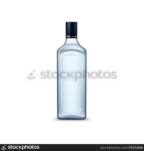 Bottle of Russian vodka without label isolated. Vector tequila or gin high spirit drink. Russian vodka in transparent glass bottle isolated