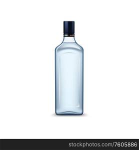 Bottle of Russian vodka without label isolated. Vector tequila or gin high spirit drink. Russian vodka in transparent glass bottle isolated