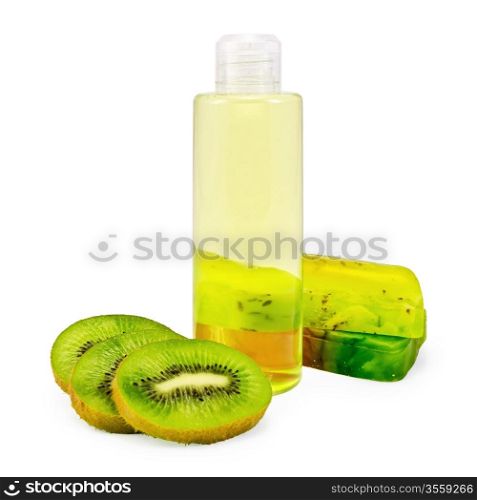 Bottle of shower gel, two bars of homemade green soap, a few slices of kiwi isolated on white background