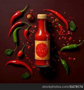 Bottle of spicy sauce with red hot chili pepper. Generative AI