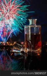 bottle of whiskey on a background of fireworks