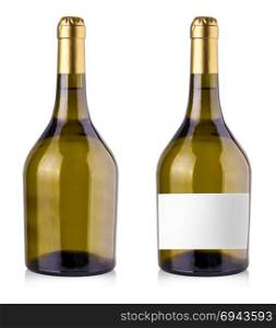 bottle of white wine on isolated reflective white background