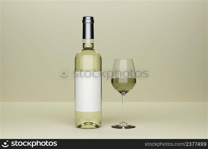 Bottle of white wine with label and a glass goblet in photo-realistic style on a clear green background. 3d realism render