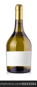 bottle of white wine with label on isolated reflective white background