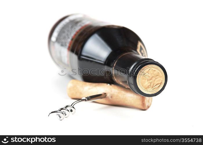 bottle of wine and a corkscrew isolated on white background