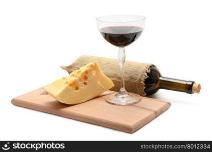 bottle of wine and cheese isolated on white