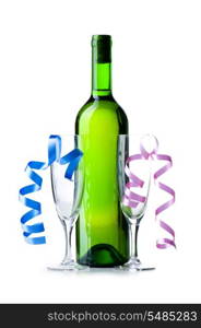Bottle of wine and glass with streamer on white