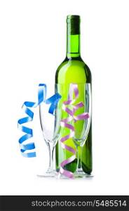 Bottle of wine and glass with streamer on white