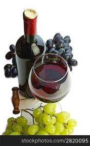 bottle of wine and grapes isolated on white background