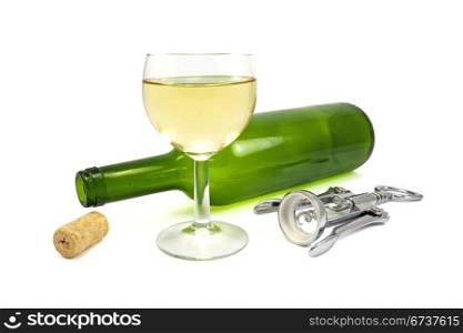 Bottle of wine, corkscrew and glass over a white background