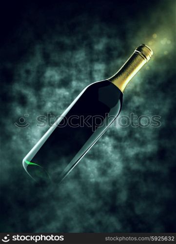 Bottle of wine in smoke with bokeh