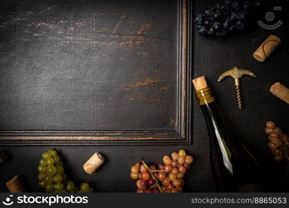 Bottle of wine with fresh grapes and corks on dark wooden background with copy space. Bottle of wine with fresh grapes