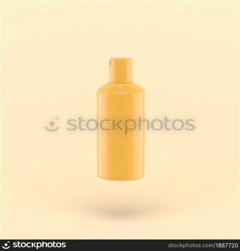 bottle on white background for soap shampoo cosmetics. 3d simple shower bottle on pastel yellow background for soap shampoo cosmetics. Minimal concept.
