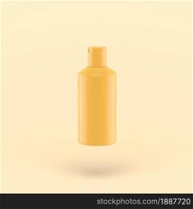 bottle on white background for soap shampoo cosmetics. 3d simple shower bottle on pastel yellow background for soap shampoo cosmetics. Minimal concept.