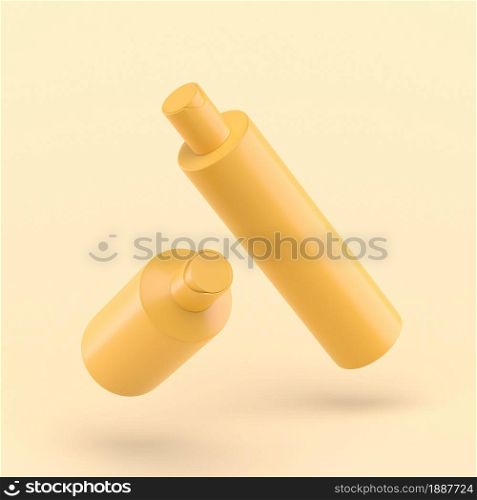 bottle on white background for soap shampoo cosmetics. 3d simple shower bottle on pastel yellow background for soap shampoo sun. Minimal concept.