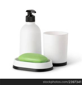 Bottle, soap and towel, isolated on white. Bottle, soap and towel.