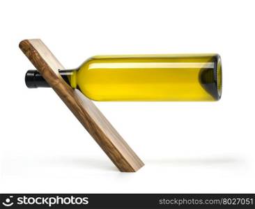 Bottle wine on wooden stand on white background with clipping path