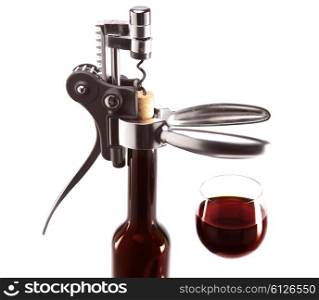 bottle with an opener and a wine glass