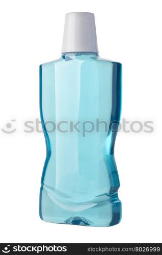 bottle with blue liquid on wet reflective surface on white with clipping path