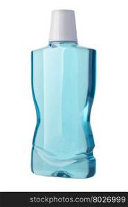 bottle with blue liquid on wet reflective surface on white with clipping path