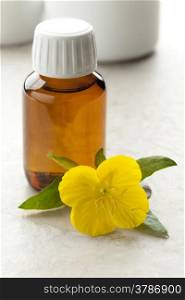 Bottle with Evening Primrose oil and fresh flower