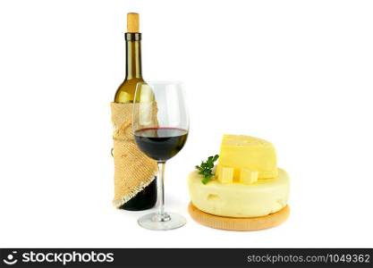 Bottle with glass of red wine and cheese isolated on white background.