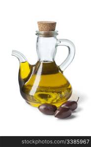 Bottle with olive oil and Kalamata olives on white background