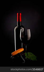 bottle with red wine and glass and grapes