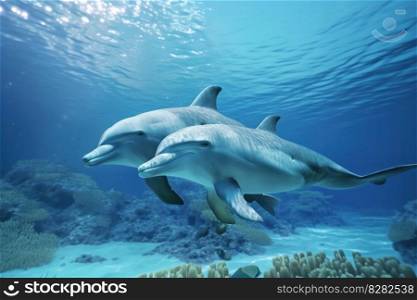 Bottlenose dolphins playing in the turquoise waters of Australia on World Oceans Day. A mother and baby dolphin swim together in the vibrant coral reef ecosystem. AI Generative.