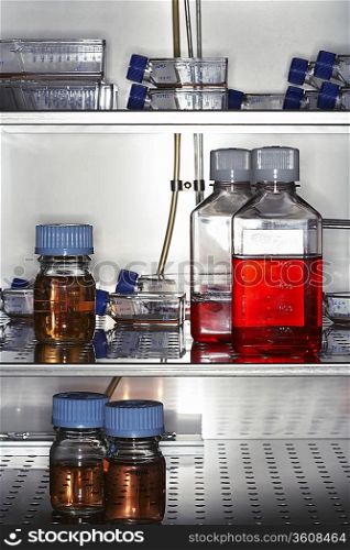 Bottles and containers in laboratory fridge