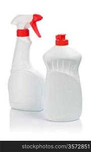 bottles for cleaning with red covers and handle