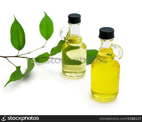 Bottles of aromatic essential oil isolated on white