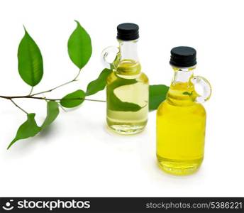 Bottles of aromatic essential oil isolated on white