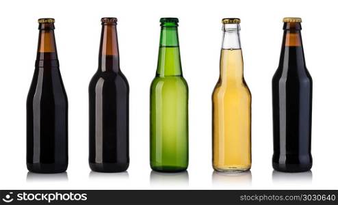 bottles of beer. Set of full beer bottles. Set of beer bottles on a white background