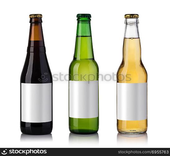 bottles of beer. Set of full beer bottles. Set of beer bottles on a white background