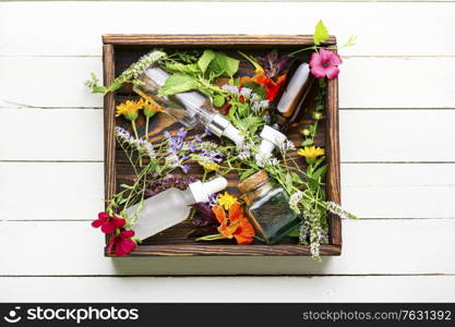 Bottles of essential oil with fresh herbs and flowers.Alternative healthy medicine. Essential oils with herbs and flowers