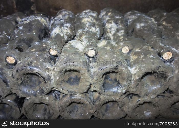 Bottles of fine premier cru burgundy stored in underground cellars often grow a layer of mold as they age in the cold, humid environment. Prior to sale, they are cleaned and labeled.