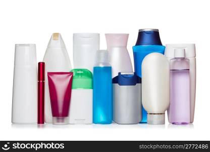 Bottles of health and beauty products isolated on white