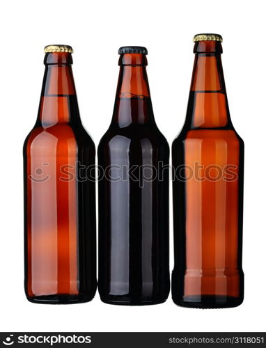 Bottles of lager and dark beer from brown glass, isolated on a white background.