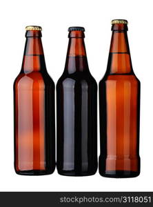 Bottles of lager and dark beer from brown glass, isolated on a white background.