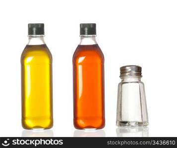 Bottles of oil, vinegar and salt boat isolated on white background